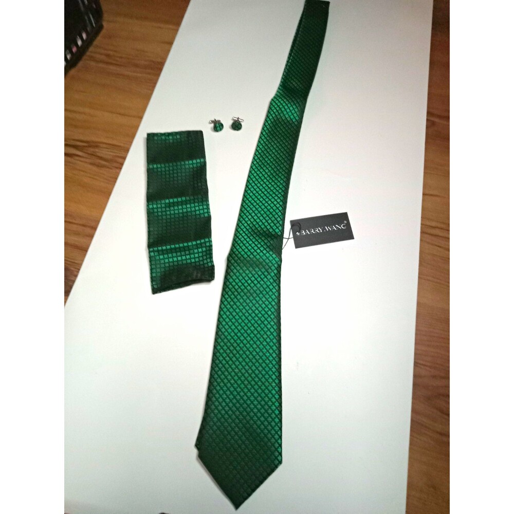 BARRY.WANG Men's Green/Black Geometric Woven 100% Silk Tie Set 4 Piece